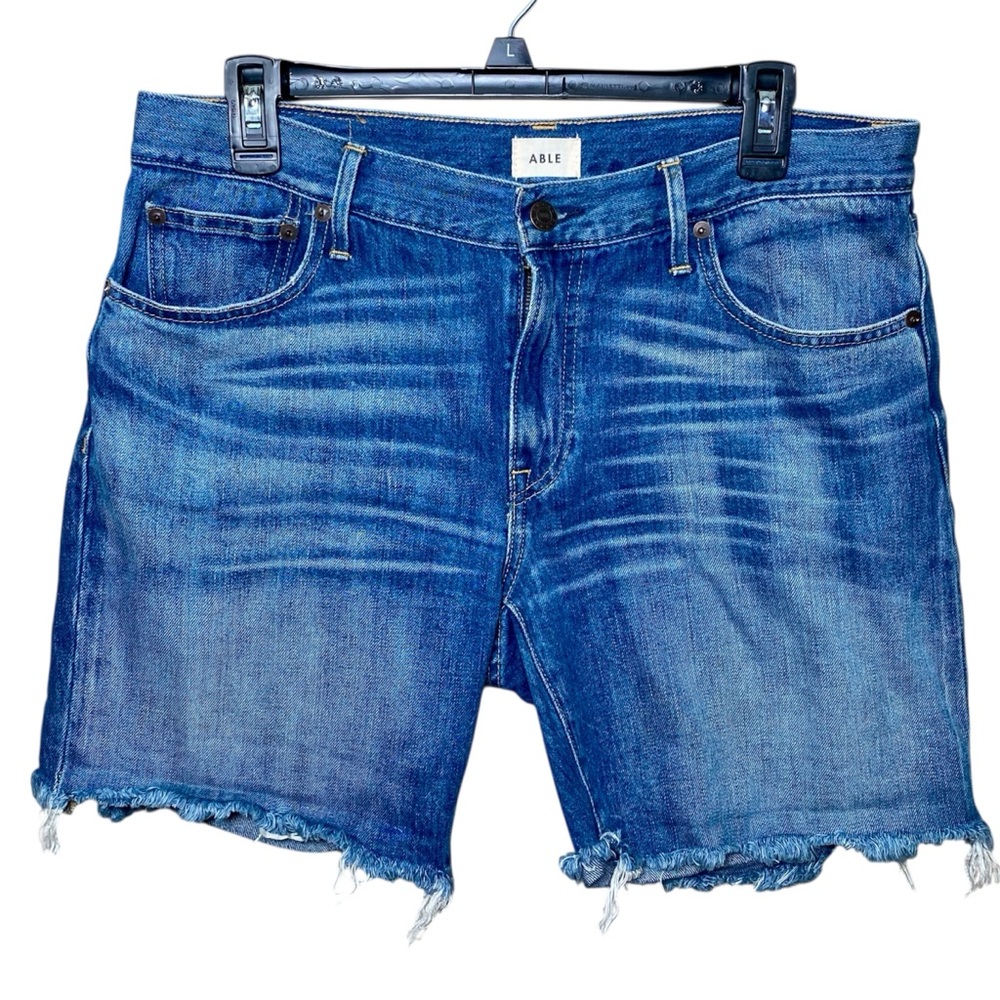 Able Frayed Hem Mid Blue Denim Shorts